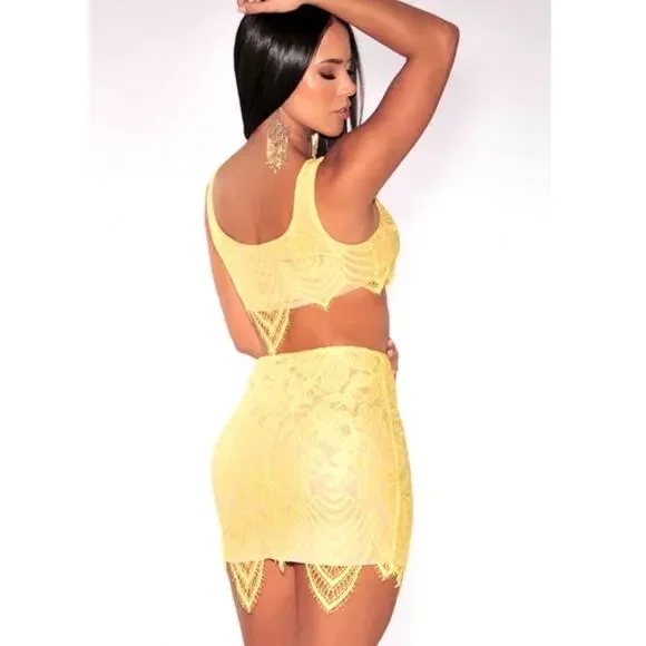 0020 NEW Yellow Lace Nude Illusion Mini Skirt - Picture 1 of 9